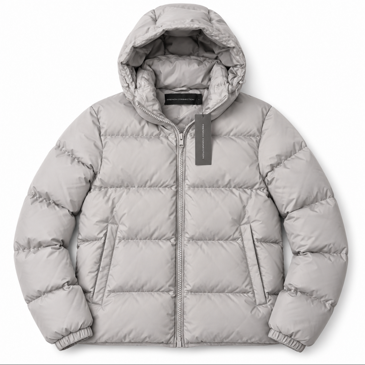 A light gray hooded puffer jacket with horizontal quilting, shown flat against a white background.