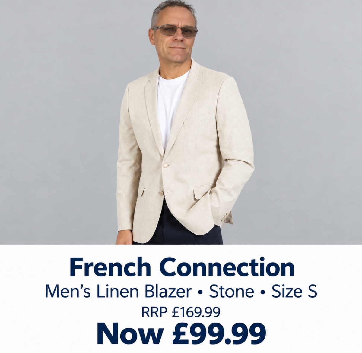 A man wearing a light beige linen blazer over a white t-shirt and dark trousers, shown against a gray background with a promotional text banner for 'French Connection' at the bottom.