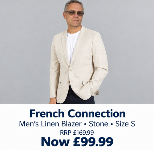 A man wearing a light beige linen blazer over a white t-shirt and dark trousers, shown against a gray background with a promotional text banner for 'French Connection' at the bottom.